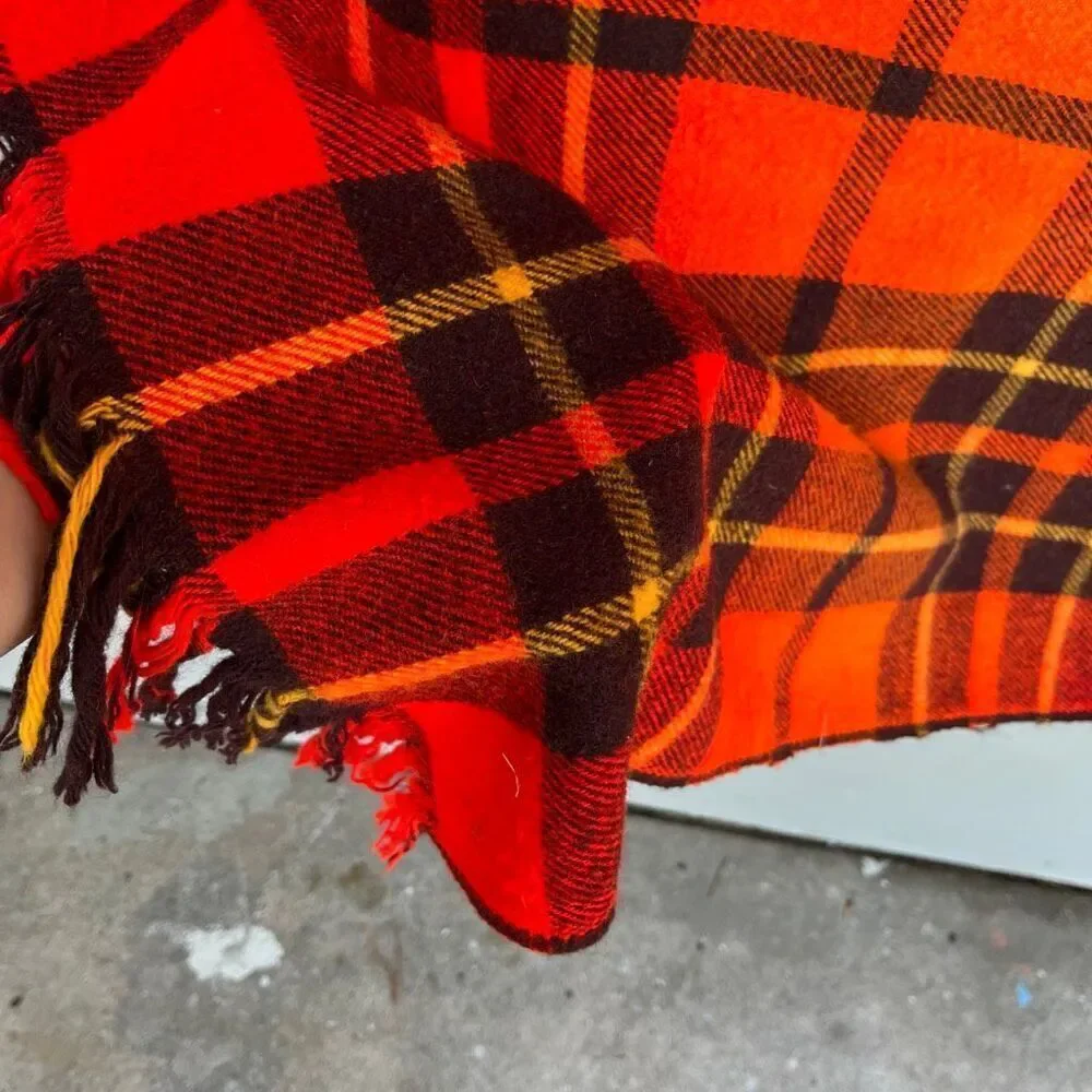 VTG Red Plaid Wool Blend Blanket Throw Fringed 54x54 Camp Picnic Stadium